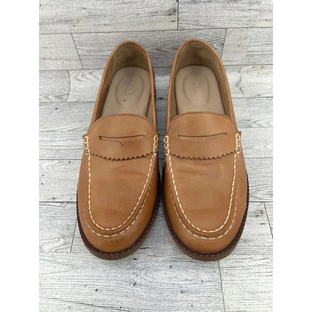 Sperry Seaport‎ Penny Loafers Women Size 7 Tan Leather Slip On Shoes STS82848